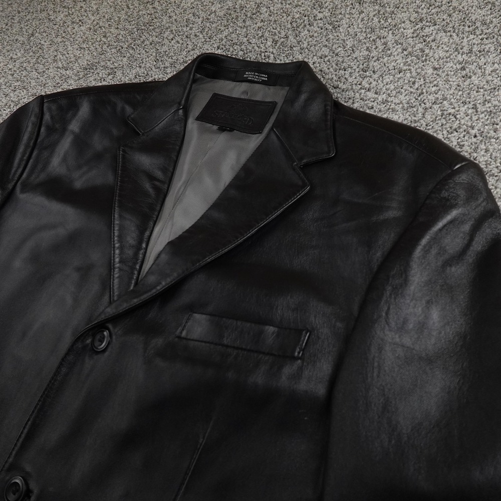 Stafford Jacket Mens L Black Genuine Leather Button Blazer Car Sport Coat Notch